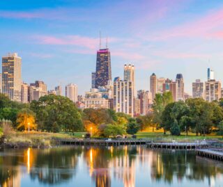 Chicago, Illinois, USA downtown skyline from Lincoln Park at twilight.