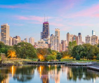 Chicago, Illinois, USA downtown skyline from Lincoln Park at twilight.