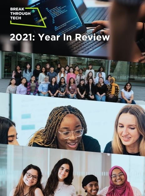 2021: Year in Review, overlaid on four different images of students working together, smiling