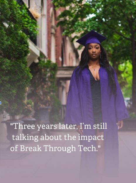 A woman in a purple cap and gown walks towards the camera. Overlaid is text that reads 