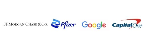 JP Morgan Chase, Pfizer, Google, Capital One logos