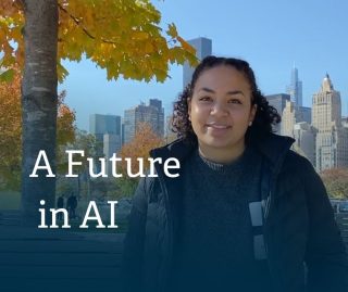a student smiles at the camera with the new york skyline behind her. Next to her, the words