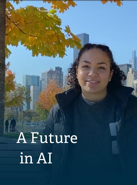 a student smiles at the camera in front of the new york skyline. Next to her, the words