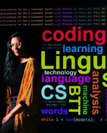 Danielle Cartagenes poses in front of a black screen with a colorful word cloud