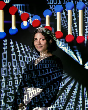 UIC data science student Linda Mansour against a representation of biological data